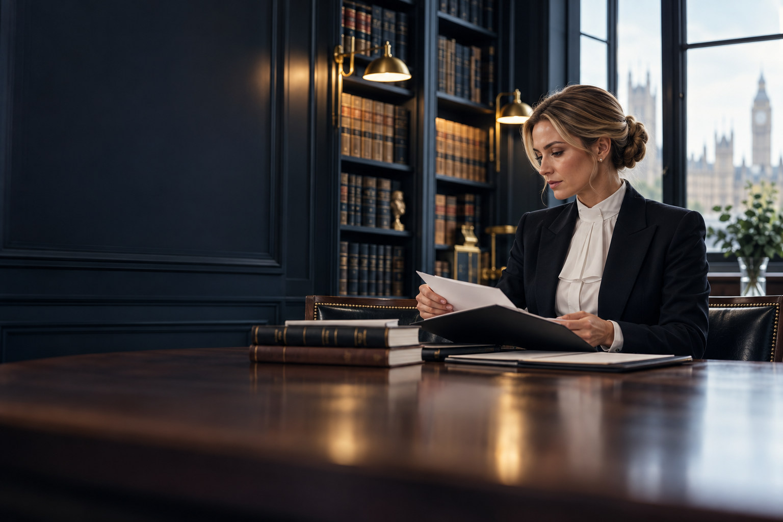 Barrister reviewing case papers in chambers